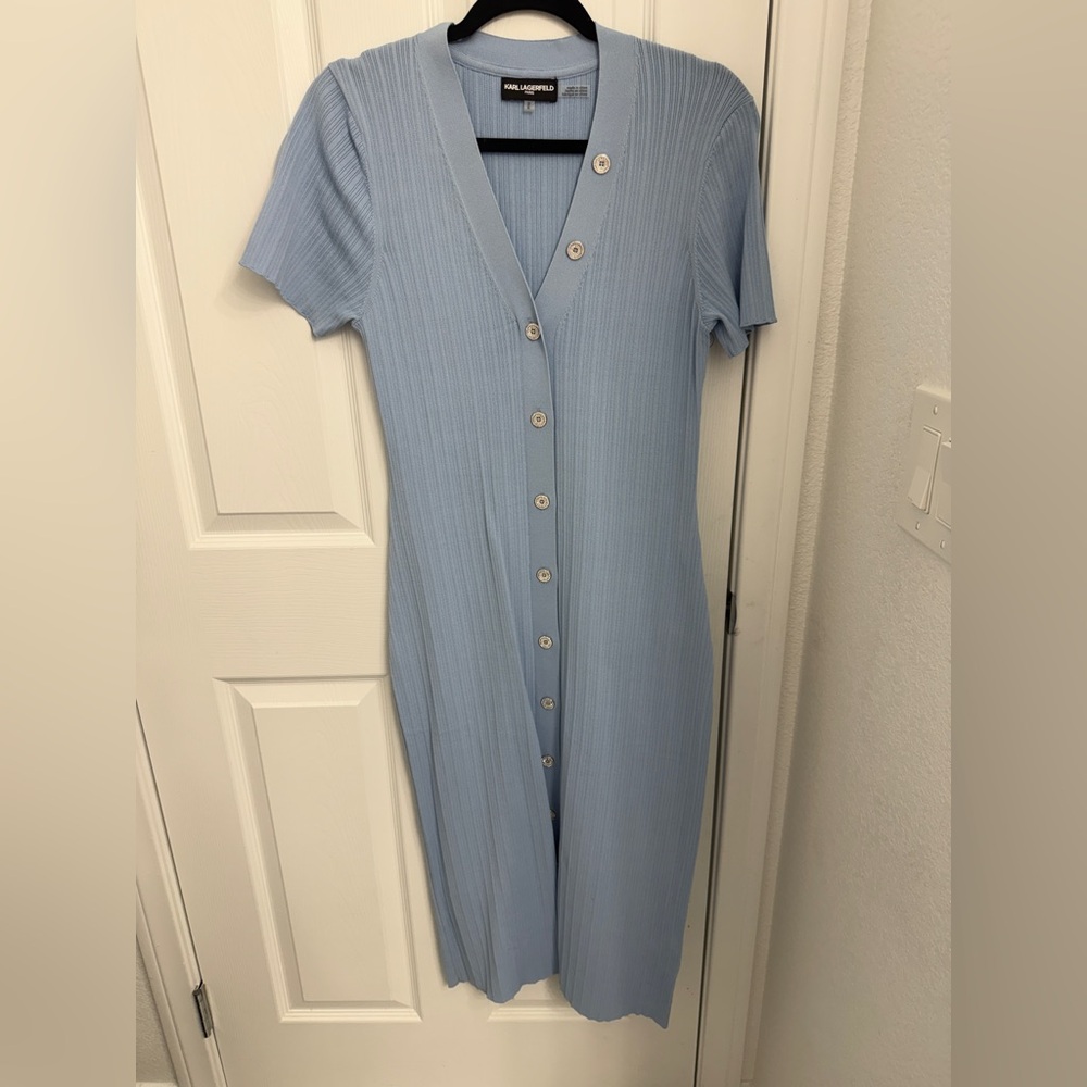 Karl Lagerfeld Light Blue Ribbed Button-Front Midi Dress